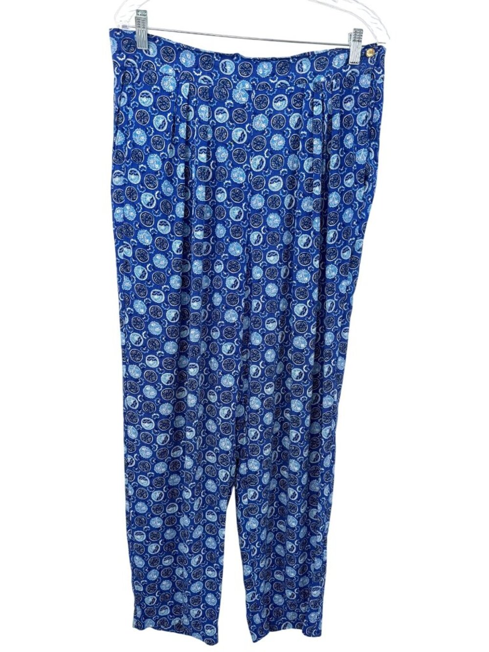 Vtg SK & Company Blue Printed High-Waist Lightweight Palazzo Pants W/ Pockets 10